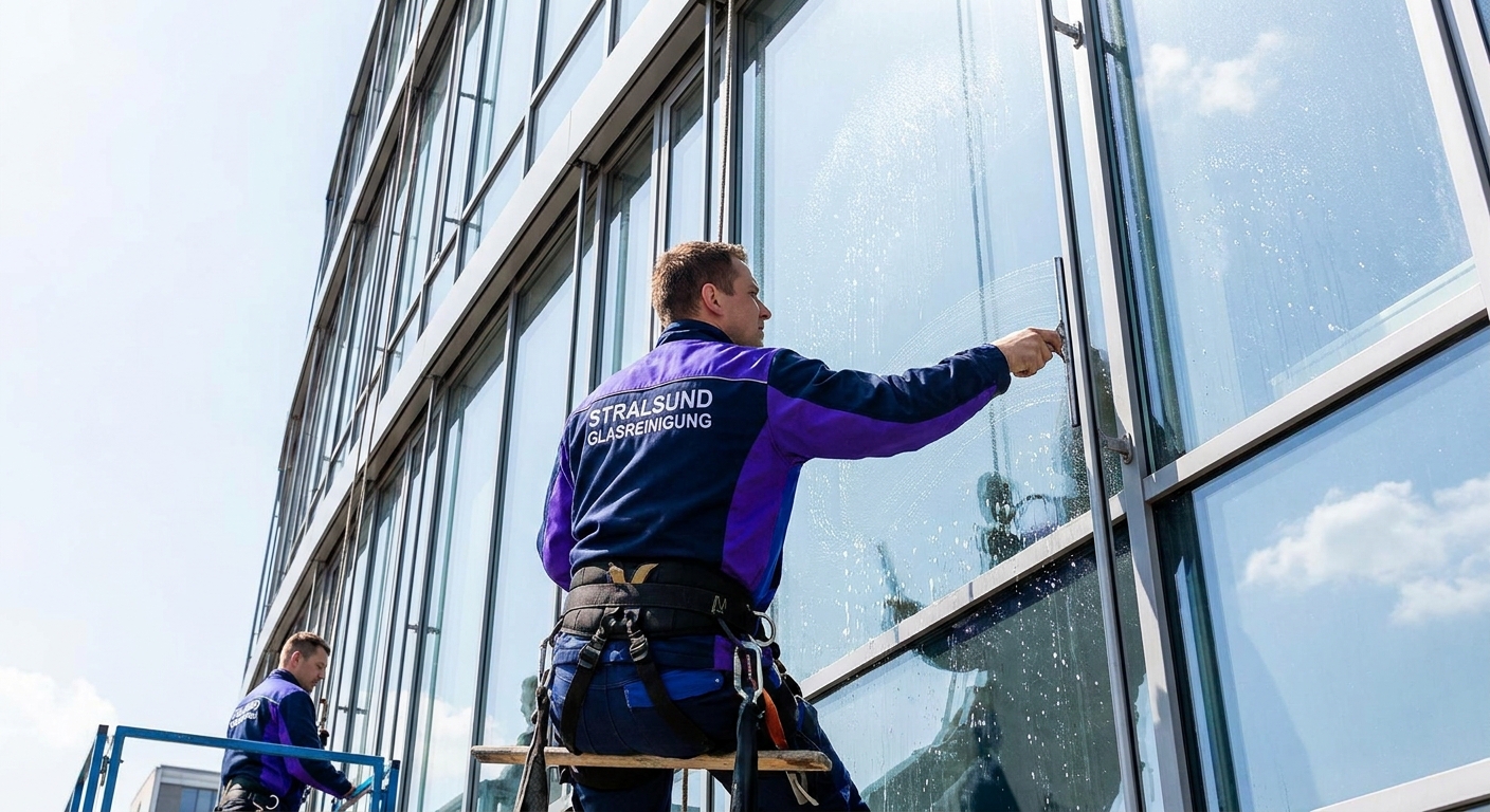 ZIRO-CLEAN Mitarbeiter bei der professionellen Glasreinigung an einem Bürogebäude in Stralsund